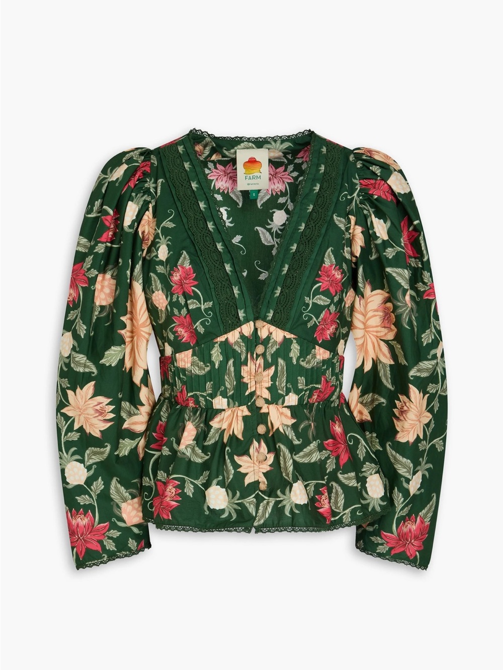FARM Rio Green Floral Peplum Blouse with Pink and Cream Flowers
